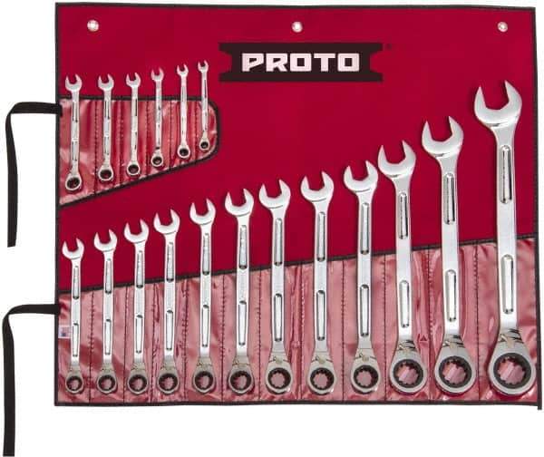 Proto - 18 Piece, 1/4" to 1-1/4", Ratcheting Combination Wrench Set - Inch Measurement Standard, Full Polish Finish, Comes in Pouch - USA Tool & Supply