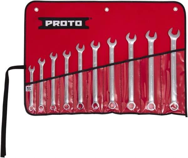 Proto - 10 Piece, 10mm to 19mm, 6 Point Combination Wrench Set - Metric Measurement Standard, Full Polish Finish, Comes in Tool Roll - USA Tool & Supply