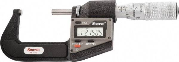 Starrett - 25.4 to 50.8 mm Range, 0.0001" Resolution, Standard Throat, Electronic Outside Micrometer - 0.0001" Accuracy, Friction Thimble, Micro Lapped Carbide Face, CR2450 Battery, Includes 3V Battery - USA Tool & Supply