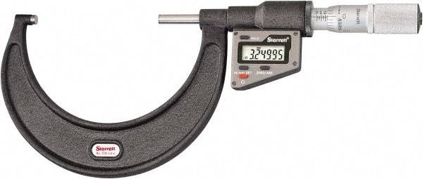Starrett - 76 to 101 mm Range, 0.0001" Resolution, Standard Throat, Electronic Outside Micrometer - 0.0002" Accuracy, Friction Thimble, Micro Lapped Carbide Face, CR2450 Battery, Includes 3V Battery - USA Tool & Supply
