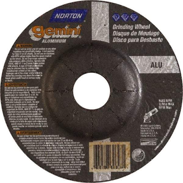 Norton - 24 Grit, 5" Wheel Diam, 1/4" Wheel Thickness, 7/8" Arbor Hole, Type 27 Depressed Center Wheel - Aluminum Oxide - USA Tool & Supply