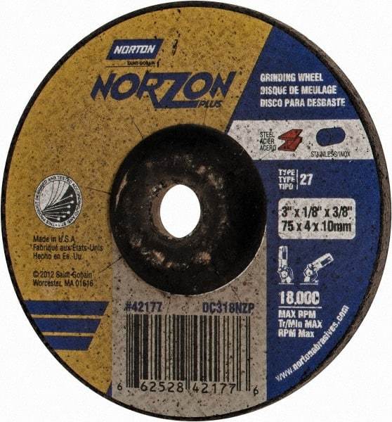 Norton - 24 Grit, 3" Wheel Diam, 1/8" Wheel Thickness, 3/8" Arbor Hole, Type 27 Depressed Center Wheel - Ceramic, 18,000 Max RPM - USA Tool & Supply