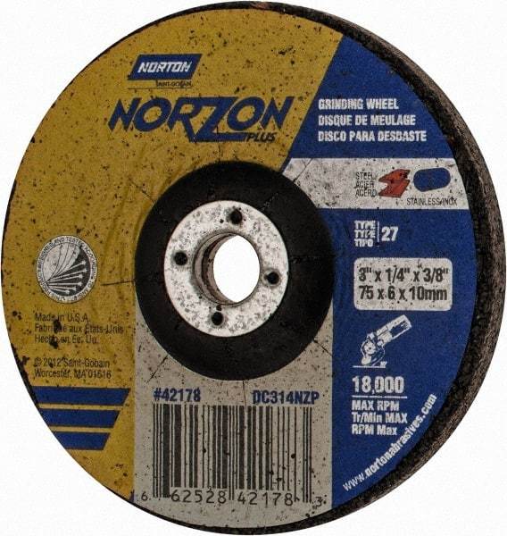Norton - 24 Grit, 3" Wheel Diam, 1/4" Wheel Thickness, 3/8" Arbor Hole, Type 27 Depressed Center Wheel - Ceramic, 18,000 Max RPM - USA Tool & Supply