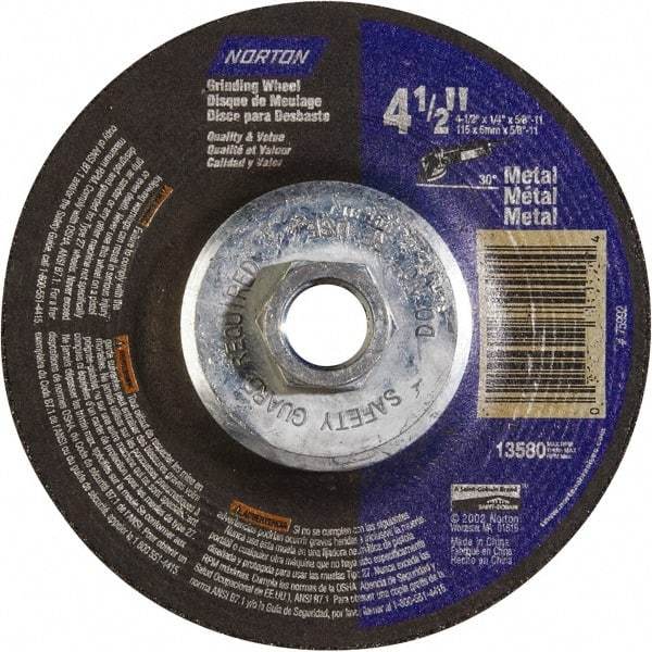 Norton - 24 Grit, 4-1/2" Wheel Diam, 1/4" Wheel Thickness, Type 27 Depressed Center Wheel - Aluminum Oxide - USA Tool & Supply
