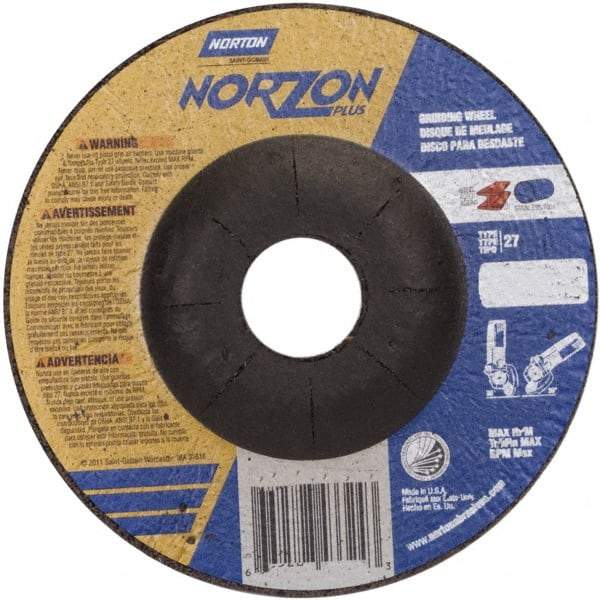 Norton - 24 Grit, 5" Wheel Diam, 1/8" Wheel Thickness, 7/8" Arbor Hole, Type 27 Depressed Center Wheel - Ceramic, 12,225 Max RPM - USA Tool & Supply