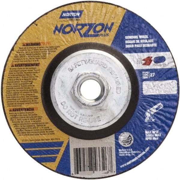 Norton - 24 Grit, 5" Wheel Diam, 1/4" Wheel Thickness, Type 27 Depressed Center Wheel - Ceramic, 12,225 Max RPM - USA Tool & Supply