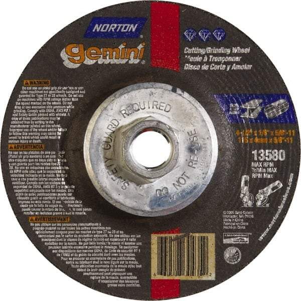 Norton - 24 Grit, 4-1/2" Wheel Diam, 1/8" Wheel Thickness, Type 27 Depressed Center Wheel - Aluminum Oxide, 13,580 Max RPM - USA Tool & Supply