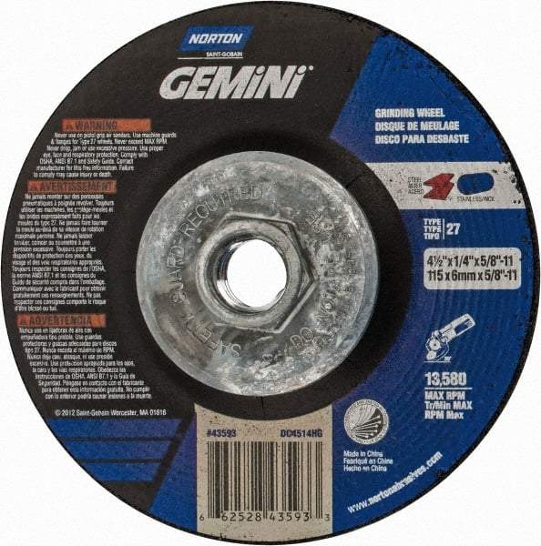 Norton - 24 Grit, 4-1/2" Wheel Diam, 1/4" Wheel Thickness, Type 27 Depressed Center Wheel - Aluminum Oxide, 13,580 Max RPM - USA Tool & Supply