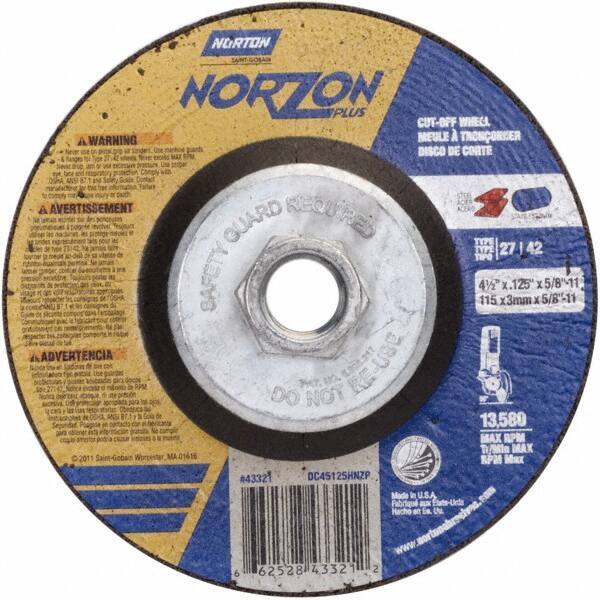 Norton - 36 Grit, 4-1/2" Wheel Diam, 1/8" Wheel Thickness, Type 27 Depressed Center Wheel - Ceramic - USA Tool & Supply