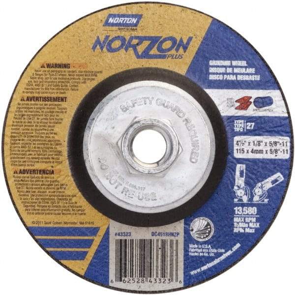 Norton - 24 Grit, 4-1/2" Wheel Diam, 1/8" Wheel Thickness, Type 27 Depressed Center Wheel - Ceramic, 13,580 Max RPM - USA Tool & Supply