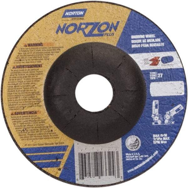 Norton - 24 Grit, 4-1/2" Wheel Diam, 1/8" Wheel Thickness, 7/8" Arbor Hole, Type 27 Depressed Center Wheel - Ceramic, 13,580 Max RPM - USA Tool & Supply