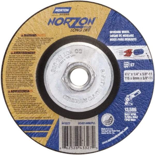 Norton - 24 Grit, 4-1/2" Wheel Diam, 1/4" Wheel Thickness, Type 27 Depressed Center Wheel - Ceramic - USA Tool & Supply