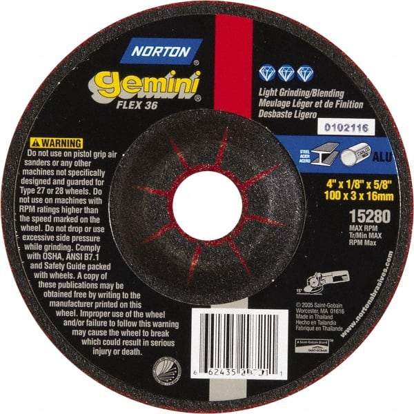 Norton - 36 Grit, 4-1/2" Wheel Diam, 1/8" Wheel Thickness, Type 29 Depressed Center Wheel - Aluminum Oxide - USA Tool & Supply