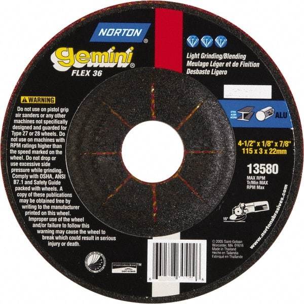 Norton - 36 Grit, 4-1/2" Wheel Diam, 1/8" Wheel Thickness, 7/8" Arbor Hole, Type 29 Depressed Center Wheel - Aluminum Oxide - USA Tool & Supply