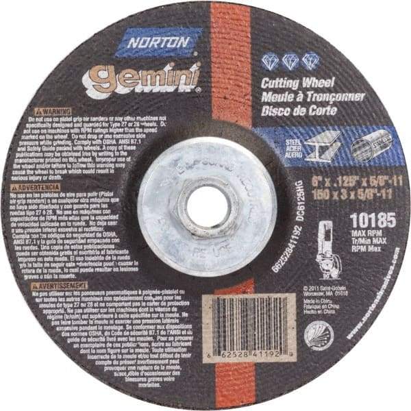 Norton - 36 Grit, 6" Wheel Diam, 1/8" Wheel Thickness, Type 27 Depressed Center Wheel - Aluminum Oxide - USA Tool & Supply