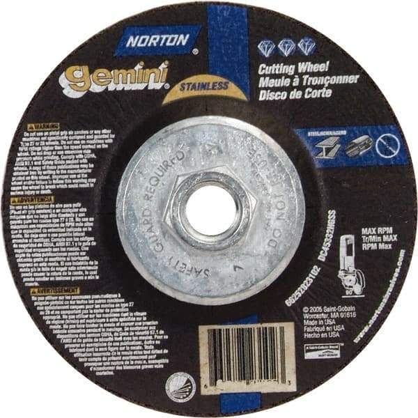 Norton - 36 Grit, 4-1/2" Wheel Diam, 3/32" Wheel Thickness, Type 27 Depressed Center Wheel - Aluminum Oxide - USA Tool & Supply
