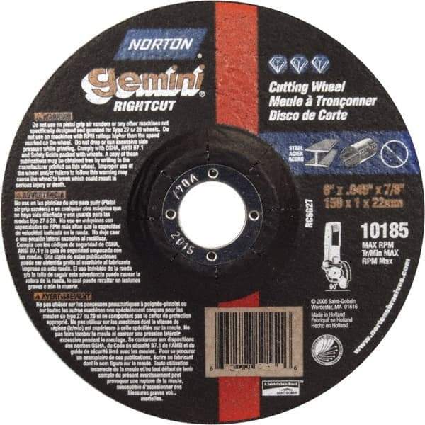 Norton - 46 Grit, 6" Wheel Diam, 7/8" Arbor Hole, Type 27 Depressed Center Wheel - Aluminum Oxide - USA Tool & Supply