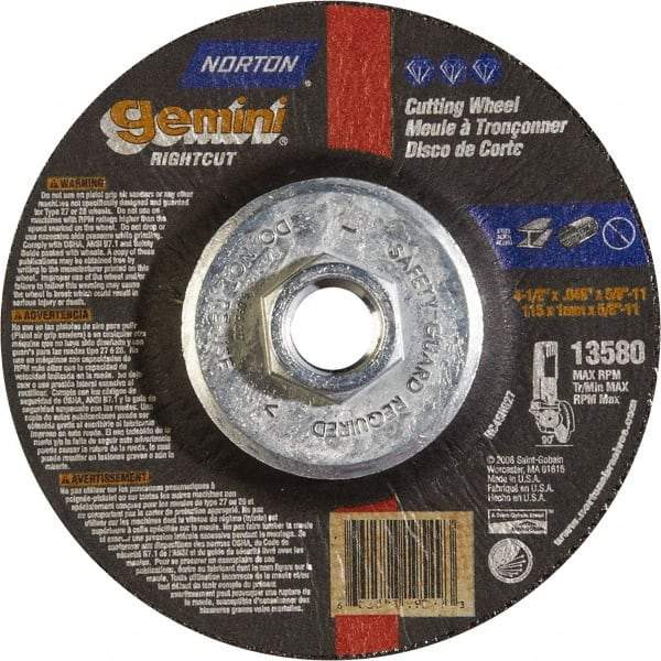 Norton - 46 Grit, 4-1/2" Wheel Diam, Type 27 Depressed Center Wheel - Aluminum Oxide - USA Tool & Supply