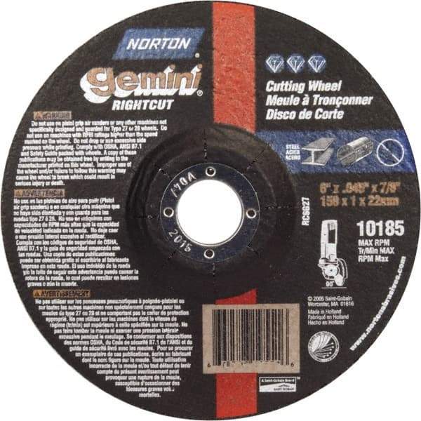 Norton - 46 Grit, 6" Wheel Diam, 7/8" Arbor Hole, Type 27 Depressed Center Wheel - Aluminum Oxide - USA Tool & Supply