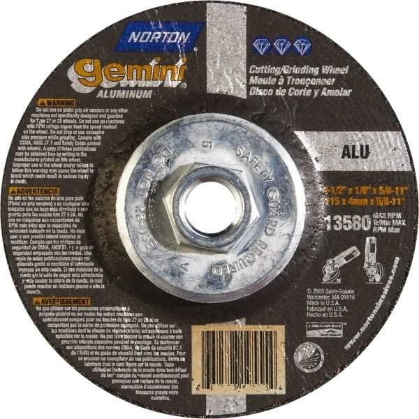 Norton - 24 Grit, 4-1/2" Wheel Diam, 1/8" Wheel Thickness, Type 27 Depressed Center Wheel - Aluminum Oxide, 13,580 Max RPM - USA Tool & Supply