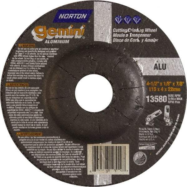 Norton - 24 Grit, 4-1/2" Wheel Diam, 1/8" Wheel Thickness, 7/8" Arbor Hole, Type 27 Depressed Center Wheel - Aluminum Oxide, 13,580 Max RPM - USA Tool & Supply