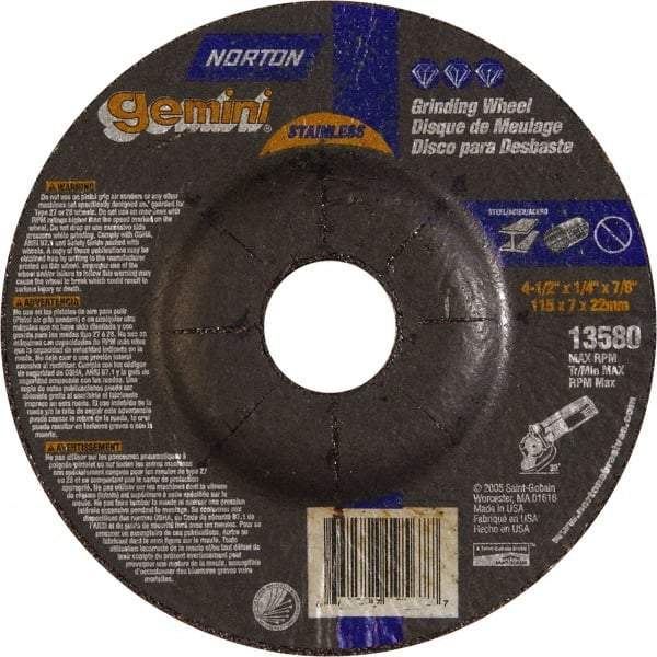 Norton - 24 Grit, 4-1/2" Wheel Diam, 1/4" Wheel Thickness, 7/8" Arbor Hole, Type 27 Depressed Center Wheel - Aluminum Oxide - USA Tool & Supply