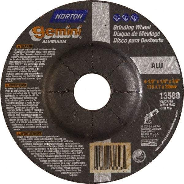 Norton - 24 Grit, 4-1/2" Wheel Diam, 1/4" Wheel Thickness, 7/8" Arbor Hole, Type 27 Depressed Center Wheel - Aluminum Oxide, 13,580 Max RPM - USA Tool & Supply