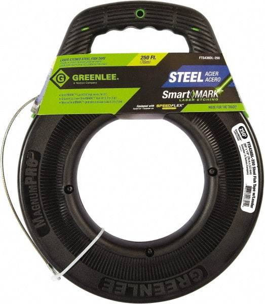 Greenlee - 250 Ft. Long x 1/8 Inch Wide, Steel Fish Tape - Includes Case - USA Tool & Supply