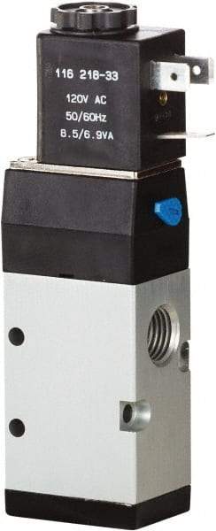 ARO/Ingersoll-Rand - 1/4" Inlet x 1/4" Outlet, Single Solenoid Actuator, Spring Return, 2 Position, Body Ported Solenoid Air Valve - 24 VDC Input, 0.7 CV, 3 Way, 115 psi, 122° Max Temp, 15° Min Temp - USA Tool & Supply