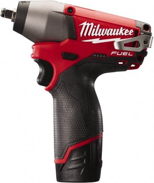 Milwaukee Tool - 3/8" Drive 12 Volt Pistol Grip Cordless Impact Wrench & Ratchet - 0 to 2,650 RPM, 0 to 3,500 BPM, 116.66 Ft/Lb Torque, 2 Lithium-Ion Batteries Included - USA Tool & Supply