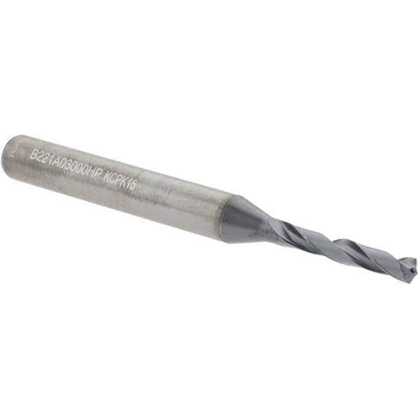 Kennametal - 3mm Spiral Flute Solid Carbide Screw Machine Drill Bit - Multilayer TiAlN Finish, Right Hand Cut, 20mm Flute Length, 62mm OAL, Standard Point, Straight Shank - USA Tool & Supply