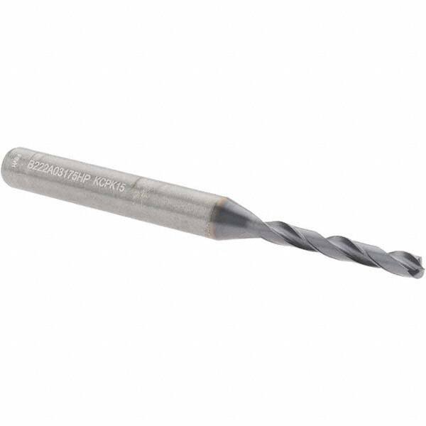 Kennametal - 1/8" 135° Solid Carbide Jobber Drill - Multilayer TiAlN Finish, Right Hand Cut, Spiral Flute, Straight Shank, 66mm OAL, Standard Point - USA Tool & Supply