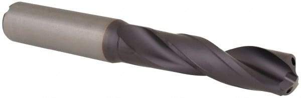Kennametal - 12.3mm 140° Spiral Flute Solid Carbide Screw Machine Drill Bit - Multilayer TiAlN Finish, Right Hand Cut, 60mm Flute Length, 107mm OAL, Standard Point, Straight Shank, Through Coolant - USA Tool & Supply