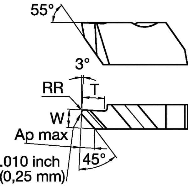 Kennametal - 3012NPD K Grade KCU25, 4.83mm Cutting Width Carbide Grooving Insert - 6.35mm Max Depth of Cut, Right Hand, 0.34mm Corner Radius, AlTiN Finish - USA Tool & Supply