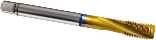 Guhring - M4x0.50 Metric Fine 3 Flute 6H Modified Bottoming Spiral Flute Tap - Cobalt, TiN Finish, 63mm OAL, Right Hand Flute, Right Hand Thread, D3/D4, Series 2897 - Exact Industrial Supply