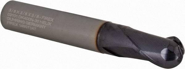 Guhring - 3/8" Diam, 3/8" LOC, 2 Flute Solid Carbide Ball End Mill - FIREX Finish, Single End, 2-1/2" OAL, 3/8" Shank Diam - USA Tool & Supply