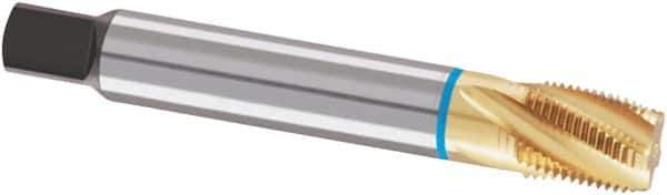 Guhring - 1/8-27 NPTF, 25° Helix, 4 Flutes, Modified Bottoming Chamfer, TiN Finish, Cobalt, Spiral Flute Pipe Tap - 11mm Shank Diam, 0.5906" Projection, 9mm Square Size, Series 4127 - USA Tool & Supply