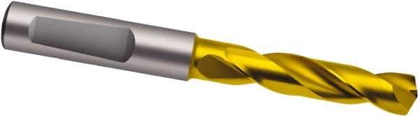 Guhring - 18.3mm 140° Spiral Flute Solid Carbide Screw Machine Drill Bit - TiN Finish, Right Hand Cut, 79mm Flute Length, 131mm OAL, SU Point, Whistle Notch Shank - USA Tool & Supply