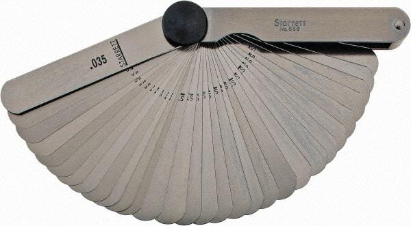 Starrett - 31 Piece, 0.0015 to 0.035" Thick, Parallel Feeler Gage Set - 3-1/32" Leaf Length, 1/2" Wide, Tempered Steel - USA Tool & Supply