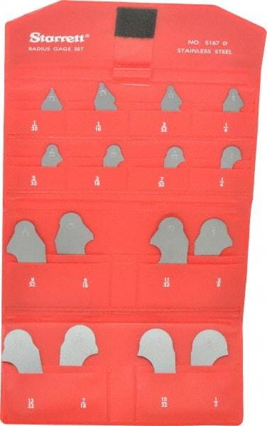Starrett - 16 Piece, 1/32 to 1/2 Inch Radius, Stainless Steel Radius Gage Set - Satin Chrome Coated - USA Tool & Supply