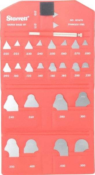 Starrett - 26 Piece, 0.01 to 1/2 Inch Radius, Stainless Steel Radius Gage Set - Satin Chrome Coated - USA Tool & Supply