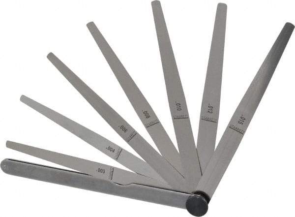 Starrett - 8 Piece, 0.002 to 0.015" Thick, Tapered Feeler Gage Set - 6" Leaf Length, 1/4 to 1/2" (Tapered) Wide, Tempered Steel - USA Tool & Supply