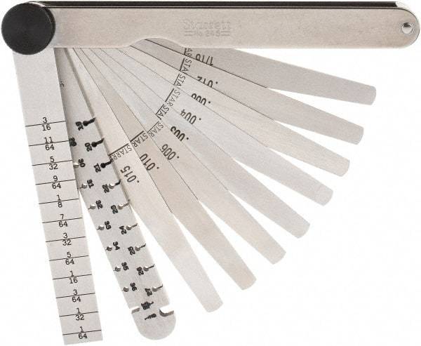 Starrett - 9 Piece, 0.1065 to 0.166" Thick, Tapered Feeler Gage Set - 4-3/4" Leaf Length, 1/4 to 1/2" (Tapered) Wide, Tempered Steel - USA Tool & Supply