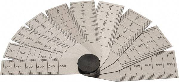 Starrett - 1/2 to 1 Inch Measurement, 10 Leaf Taper Gage - 2-3/4 Inch Long, Tempered Steel, 0.001 Inch Graduation - USA Tool & Supply