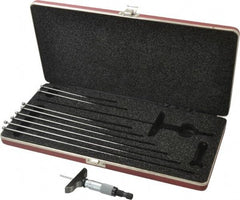 Starrett - 0 to 9" Range, 9 Rod, Mechanical Depth Micrometer - Ratchet Stop Thimble, 2-1/2" Base Length, 0.01mm Graduation, 1/8" Rod Diam - USA Tool & Supply