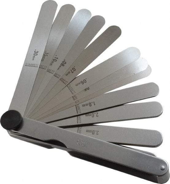 Starrett - 13 Piece, 0.04 to 5mm Parallel Feeler Gage Set - 4-1/2" Long x 1/2" Wide, Tempered Steel - USA Tool & Supply