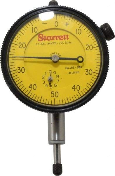 Starrett - 10mm Range, 0-50-0 Dial Reading, 0.01mm Graduation Dial Drop Indicator - 2-1/4" Dial, 1mm Range per Revolution - USA Tool & Supply
