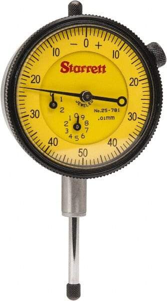 Starrett - 25mm Range, 0-50-0 Dial Reading, 0.01mm Graduation Dial Drop Indicator - 2-1/4" Dial, 1mm Range per Revolution - USA Tool & Supply