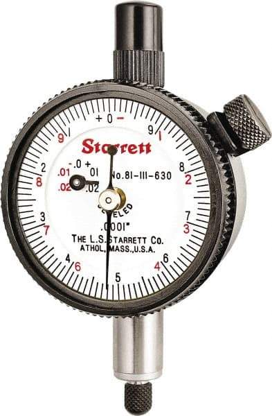 Starrett - 0.025" Range, 0-10 (Continuous), 0-5-0 (Balanced) Dial Reading, 0.0001" Graduation Dial Drop Indicator - 1-11/16" Dial, 0.01" Range per Revolution, Revolution Counter - USA Tool & Supply