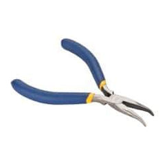 Irwin - 5" OAL, 1-1/4" Jaw Length x 9/16" Jaw Width, Long Nose Needle Nose Pliers - Serrated Jaw, Curved Head, Dipped Vinyl Handles, with Spring - USA Tool & Supply